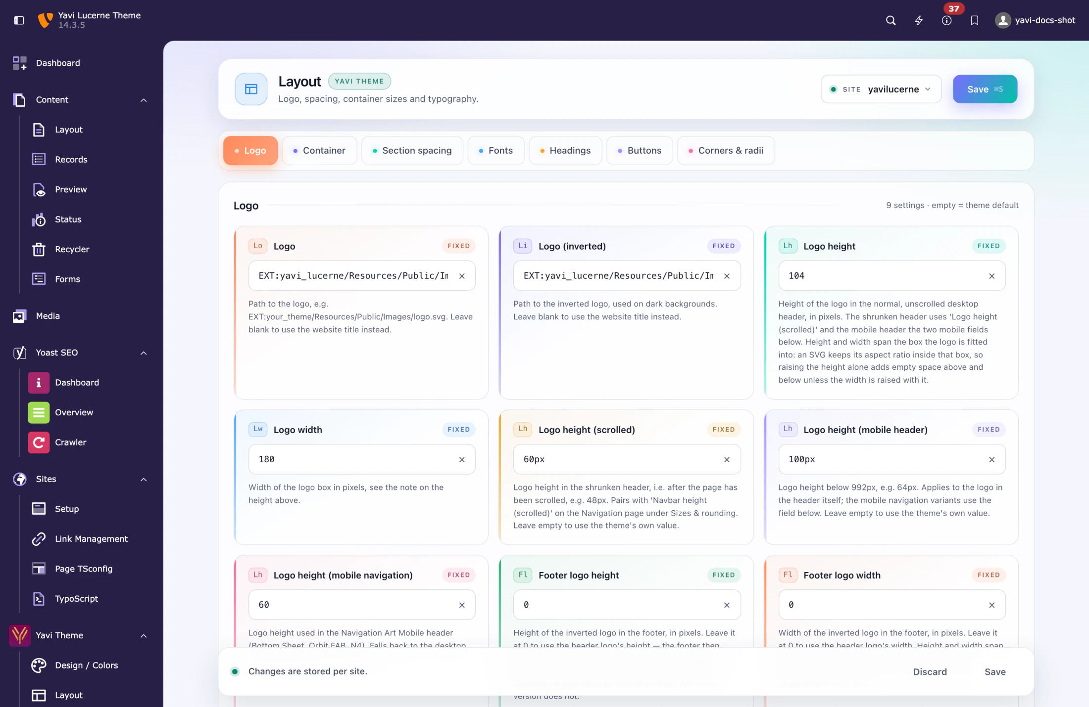 The Layout page: tabs across the top, and each field shows its token, its badge and its explanation