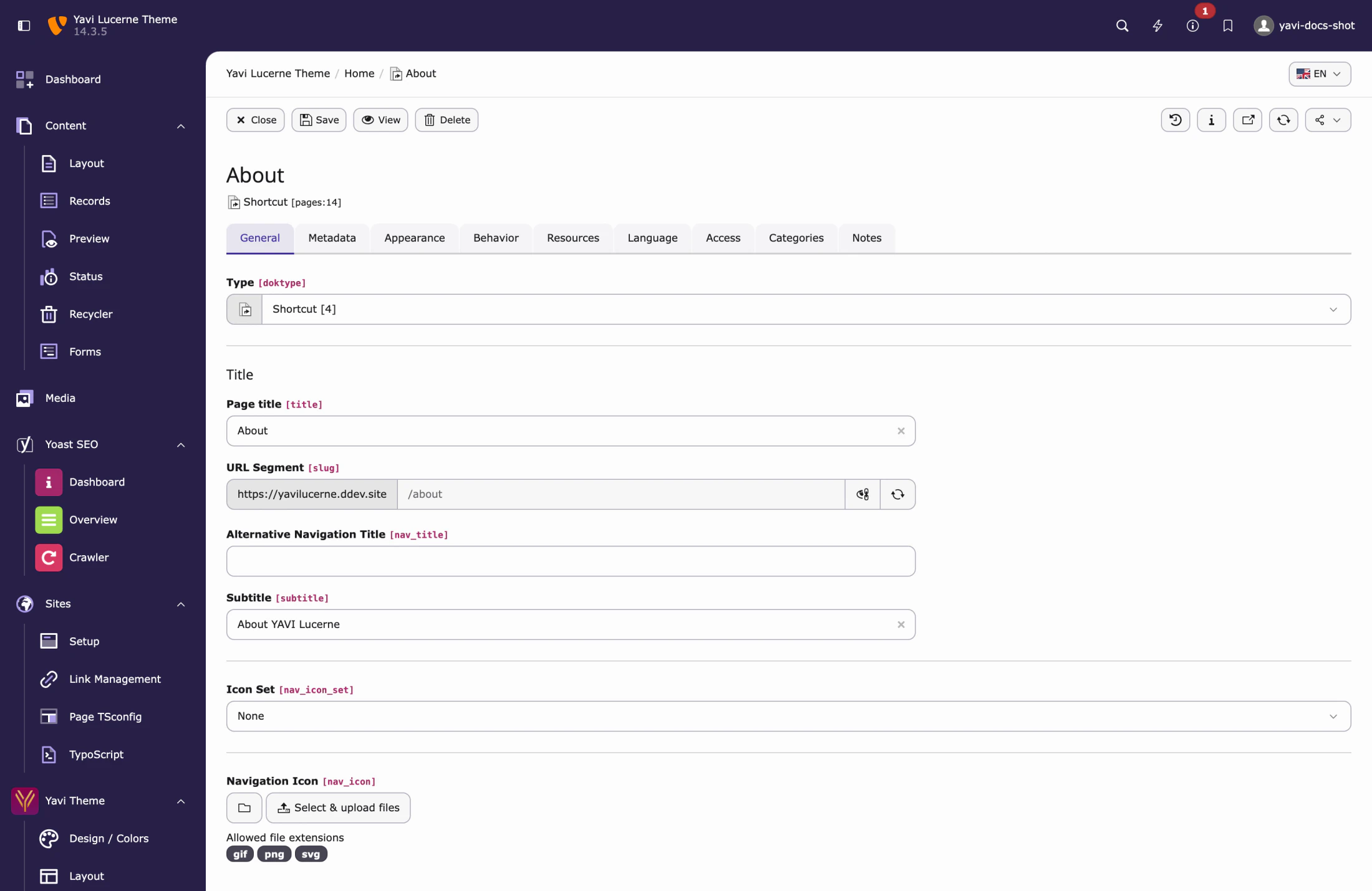 The mega menu fields live in the page properties, not in the module